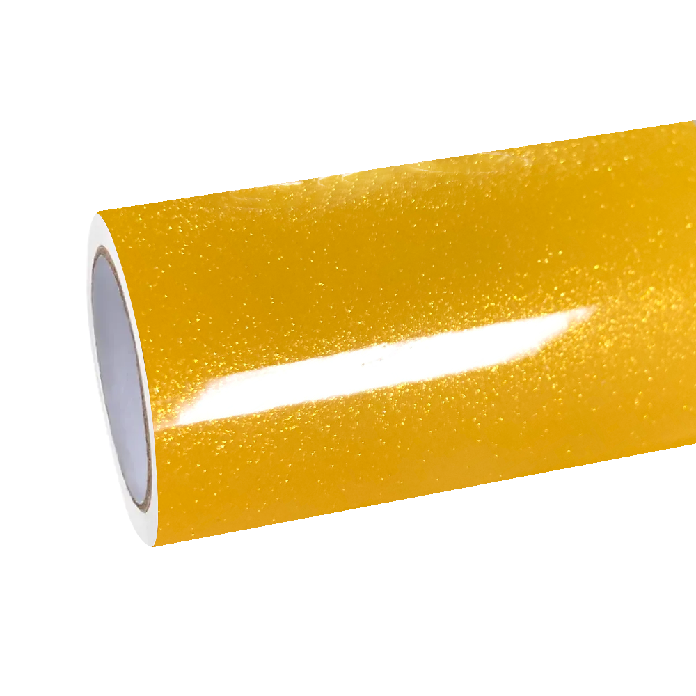 ALUKOCARWRAP gloss metallic sparkle sunflower yellow car vinyl wrap installed on a luxury sports car under sunlight.