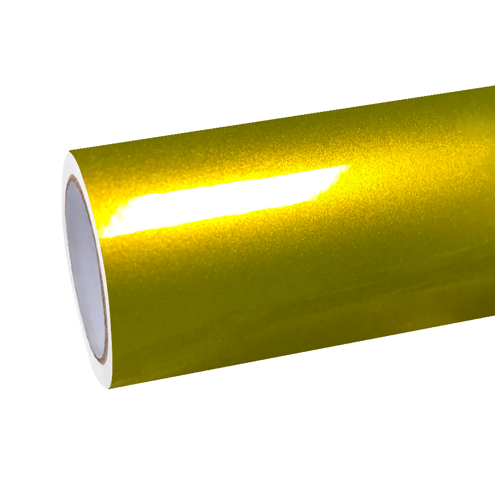 A full rolls of ALUKOCARWRAP Gloss Metallic Lemon Yellow Car Vinyl Wrap, showing the premium glossy finish and material thickness before installation.