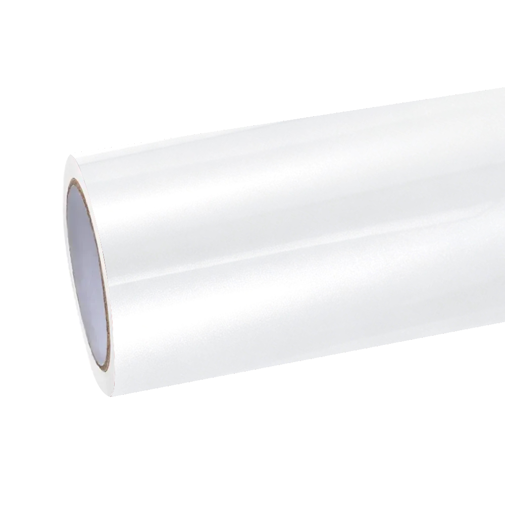 ALUKOCARWRAP Glossy Shell White PET car wrap with a smooth, reflective white finish