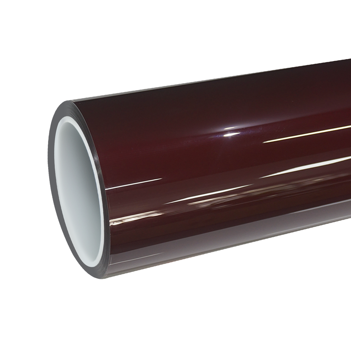 A premium roll of ALUKOCARWRAP TPU glossy liquid metallic dragon blood red colored PPF paint protection film in an upscale garage.