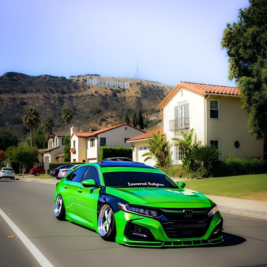 Dynamic look of ALUKOCARWRAP Green Car Wrap in the sun, revealing the deep candy-like undertones of the Glossy Apple Green PET film.