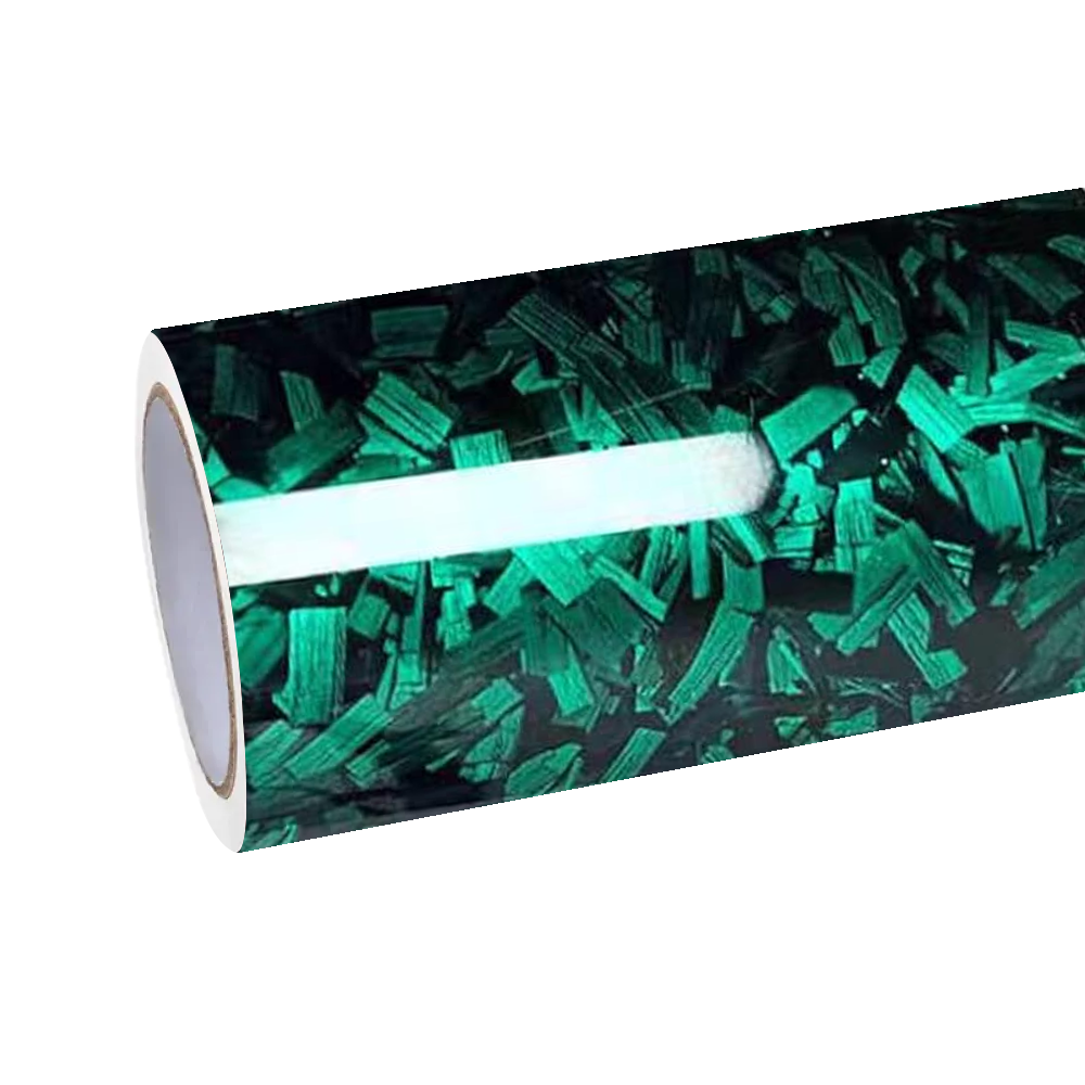 ALUKOCARWRAP liquid-smooth green forged carbon fiber car vinyl wrap, high-definition gloss car wrap reflection.