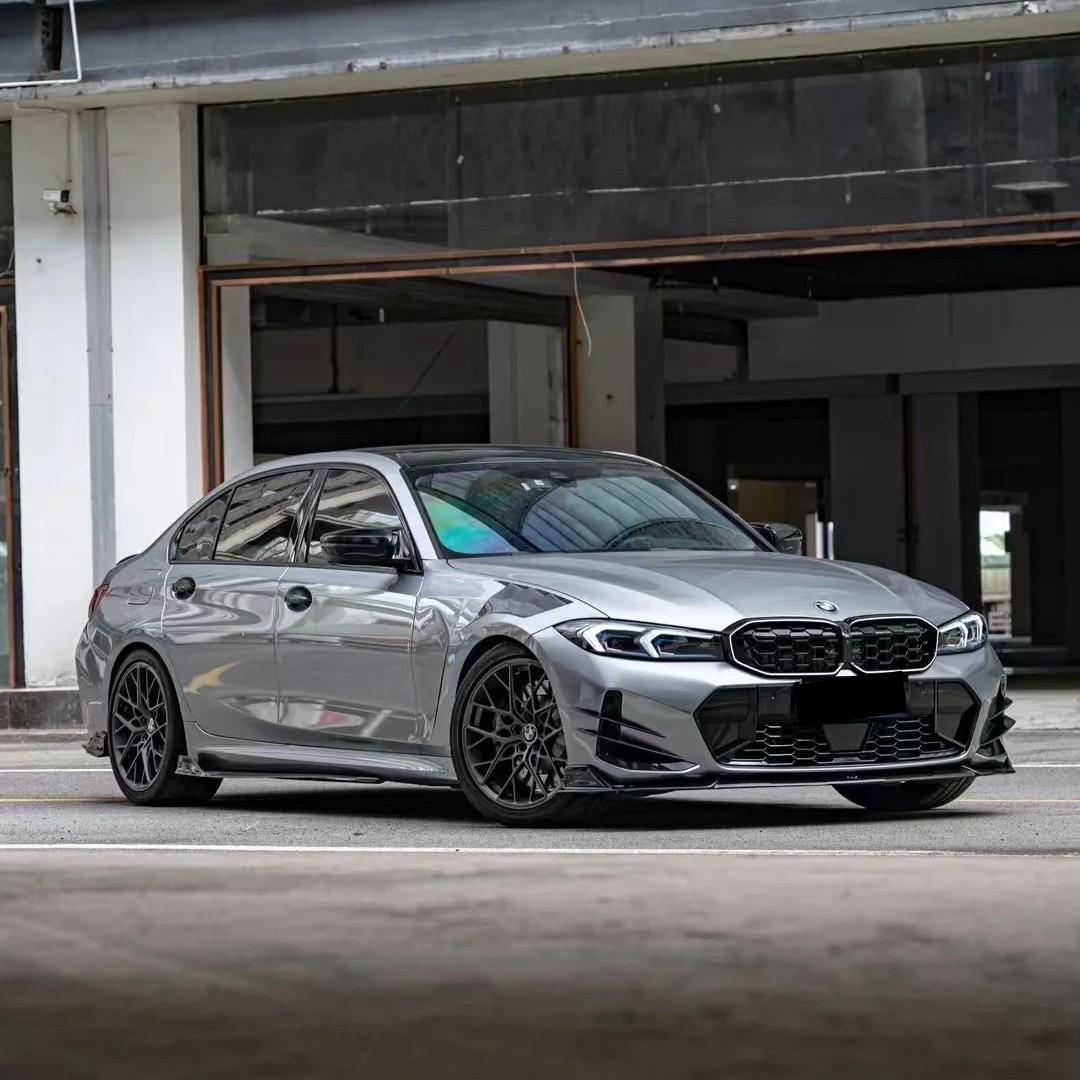 Sharp light and shadow contrast on BMW hood contours wrapped in ALUKOCARWRAP Gloss Grey Car Wrap with premium PET backing.