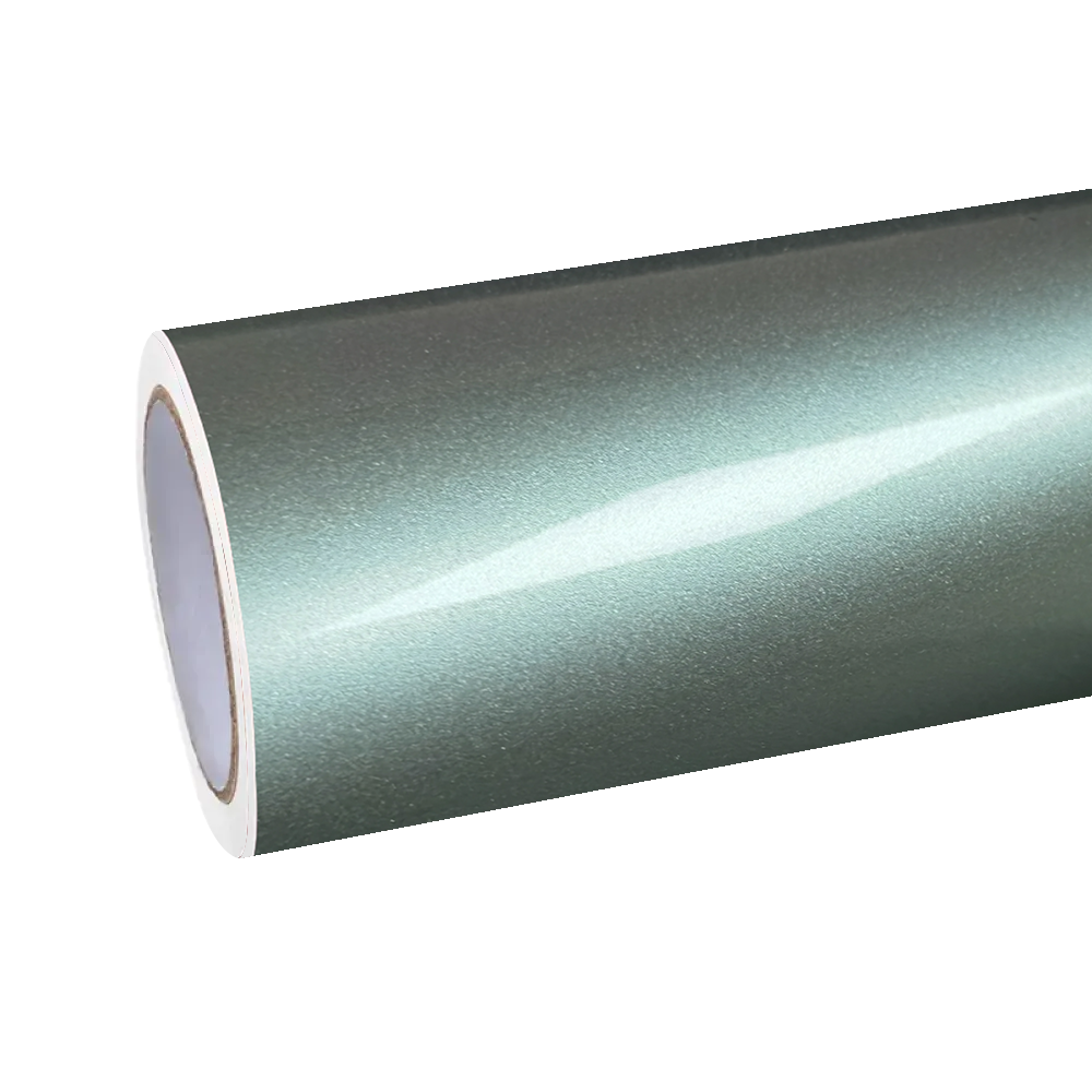An unboxed roll of ALUKOCARWRAP Gloss Metallic Hadlin Green Car Vinyl Wrap PET, showcasing the vibrant light green material texture and high-gloss protective layer.