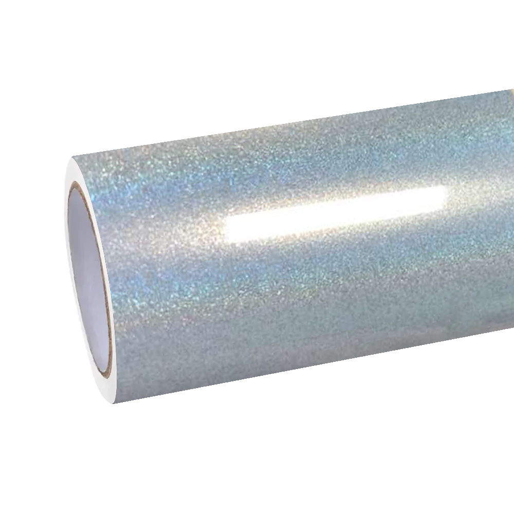 A premium roll of ALUKOCARWRAP Gloss Metallic Rainbow Laser Ice Blue Car Vinyl Wrap PET, showing its smooth holographic surface.