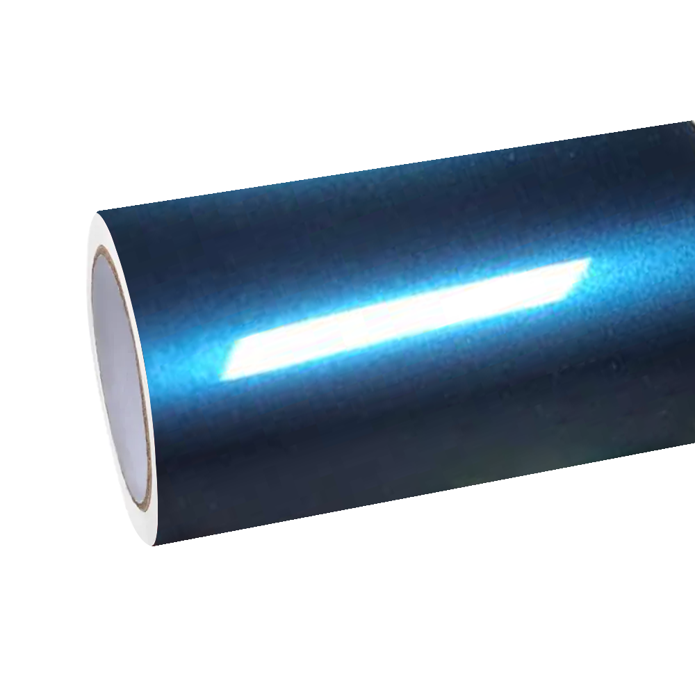 A brand new roll of ALUKOCARWRAP Gloss Liquid Interstellar Blue Car Vinyl Wrap with premium PET liner, showcasing its ultra-glossy metallic surface.