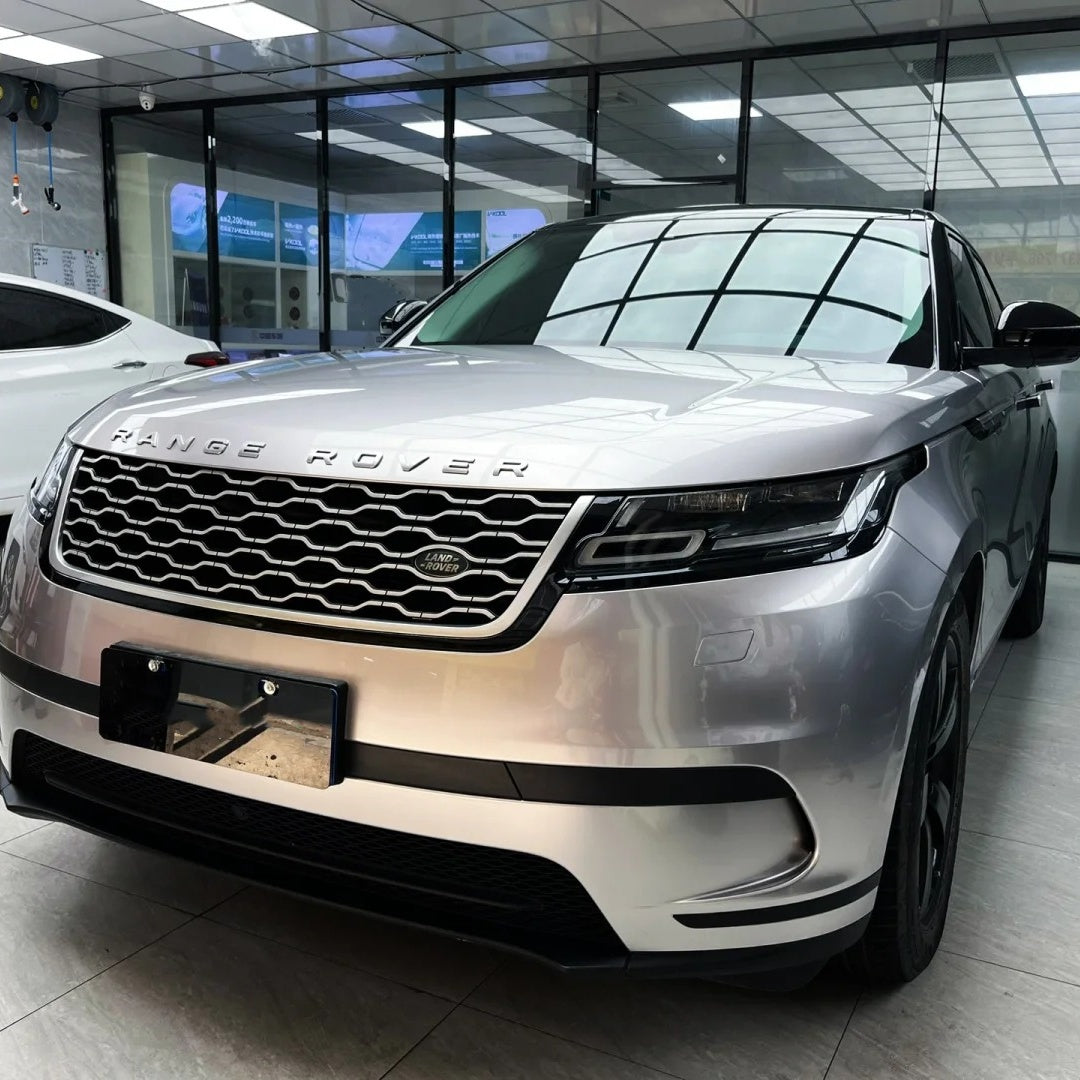 Premium PET-backed Land Rover Car Wrap showcasing an ultra-sleek, metallic Velar Silver Car Wrap styling profile.