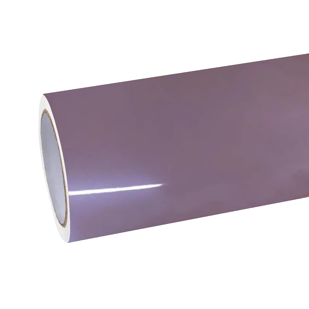 A showcase of a full roll of ALUKOCARWRAP Gloss Metallic Car Wrap in Latte Purple, highlighting the premium protective PET liner and pigment depth before wrapping.