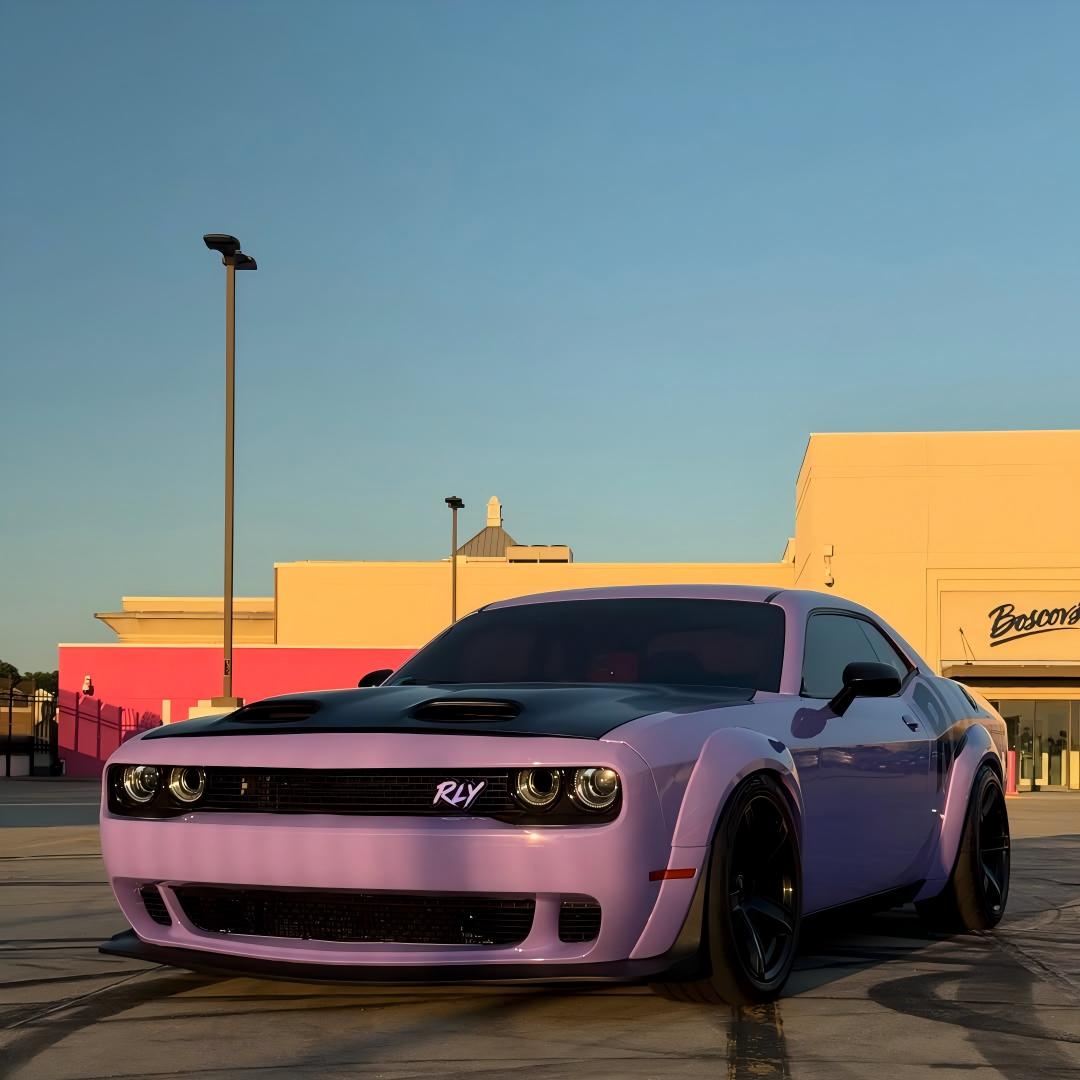 Glossy Lavender Purple Macaron PET Vinyl Car Wrap installed on Tesla Model 3 and BMW