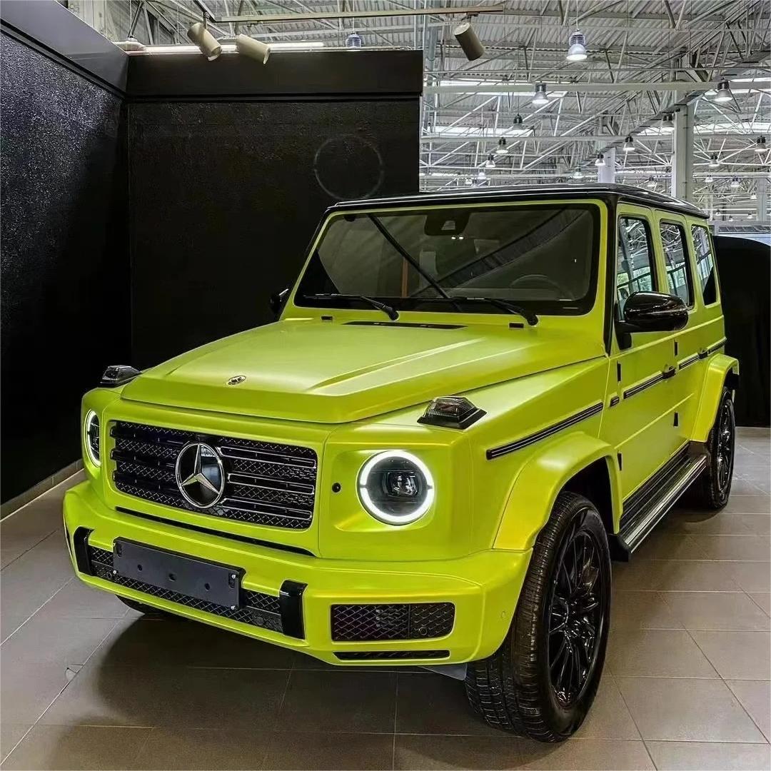 Premium track coupe fully wrapped in ALUKOCARWRAP Matte Metallic Lemon Green Car Vinyl Wrap, showcasing a flawless matte green car wrap finish.