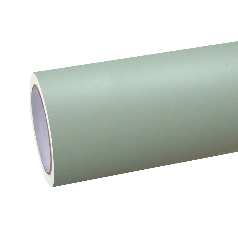 Premium ALIKOCARWRAP flat green car wrap under garage lights, highlighting the non-reflective light khaki green film.