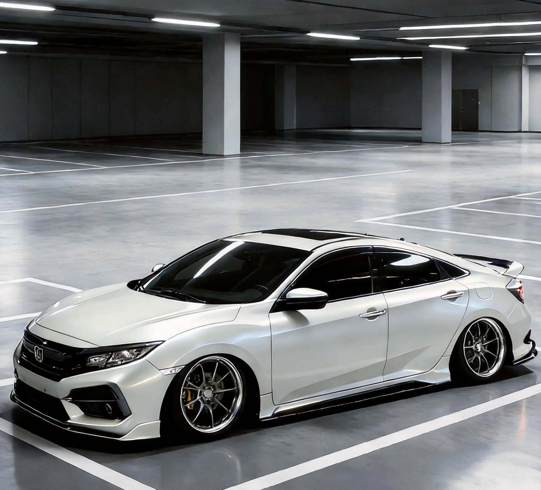 Luxury sedan fully finished with ALUKOCARWRAP Mousse White Car Wrap, exhibiting a sophisticated silky metallic sheen under daytime light.