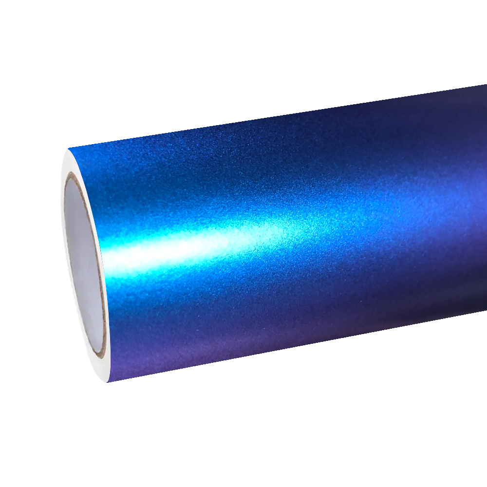 ALUKOCARWRAP Matte Chameleon Blue Purple Car Vinyl Wrap fully installed on a luxury sports sedan, displaying dynamic satin color-shifting from deep indigo to violet.