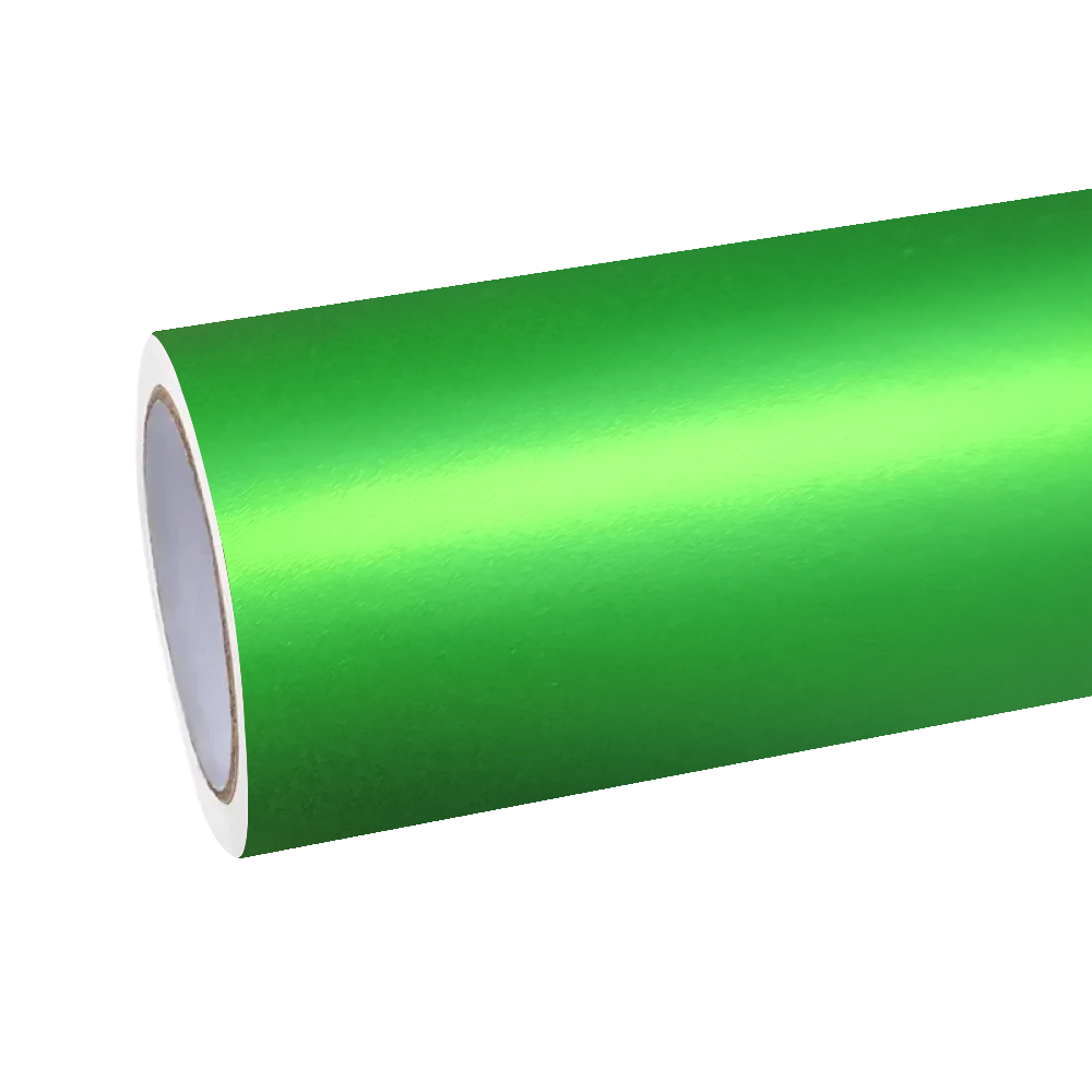 A flawless roll of ALUKOCARWRAP chrome green car wrap, displaying the rich non-glare micro-chrome matte metallic sheen