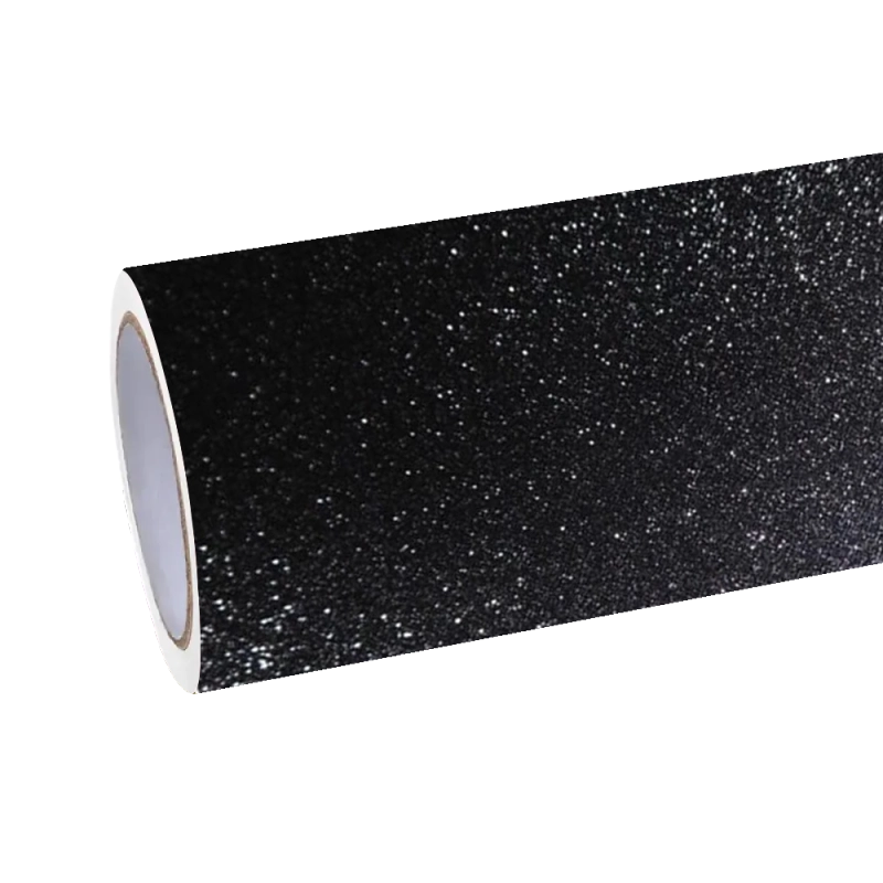 Premium roll of matte diamond glitter black car vinyl wrap, offering a deep starlight stealth look for vehicles.