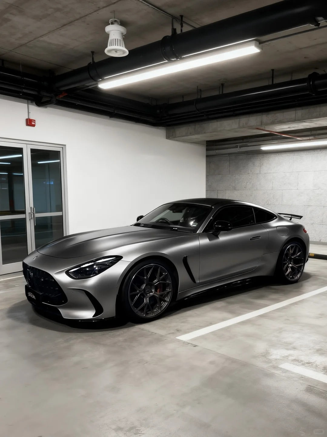 Sports coupe wrapped in ALUKOCARWRAP Matte Grey Car Wrap, transforming the vehicle into a stealth fighter aesthetic under aggressive dramatic studio lighting.