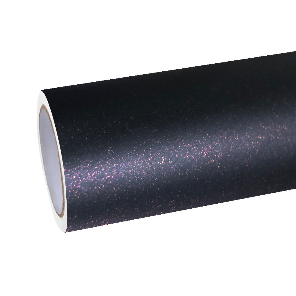 Laser-level paint workshop beams cutting across the zero-distortion PET liner of ALUKOCARWRAP black red car wrap to expose deep diamond crimson particles.