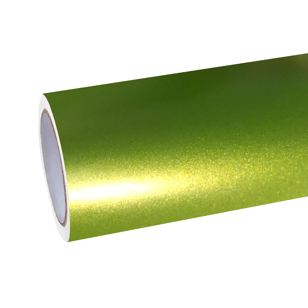 Studio shot of a premium ALUKOCARWRAP Matte Metallic Lemon Green Car Vinyl Wrap roll, showcasing the pristine matte green car wrap backing and material thickness.