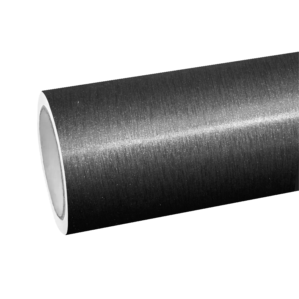 Premium roll of Matte Metallic Brushed Black Car Vinyl Wrap, displaying the linear brushed layer and smooth adhesive backing.