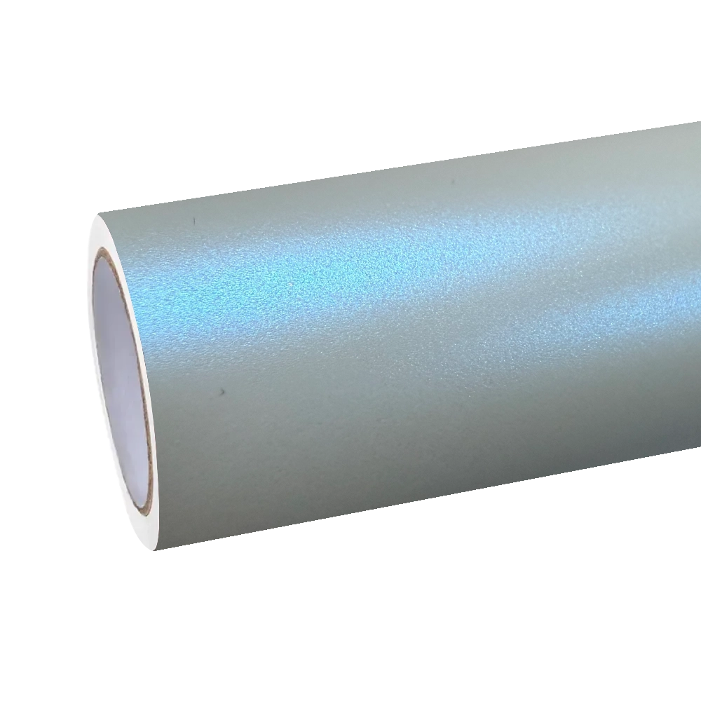 Matte metallic vinyl wrap PET roll, demonstrating premium chameleon silver vinyl wrap with a heavy frost blue color flip.