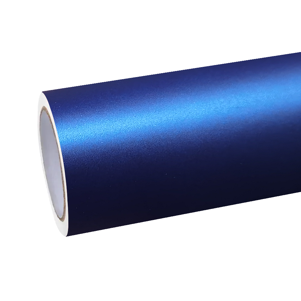 Premium roll of Matte Metallic Satin Dark Blue Car Vinyl Wrap, showcasing the smooth frosted layer and air-release liner.