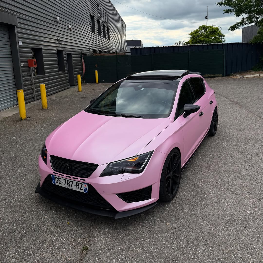 ALUKOCARWRAP Matte Satin Bubblegum Pink Car Vinyl Wrap on a luxury coupe, showing an elegant soft-touch velvet pink finish.