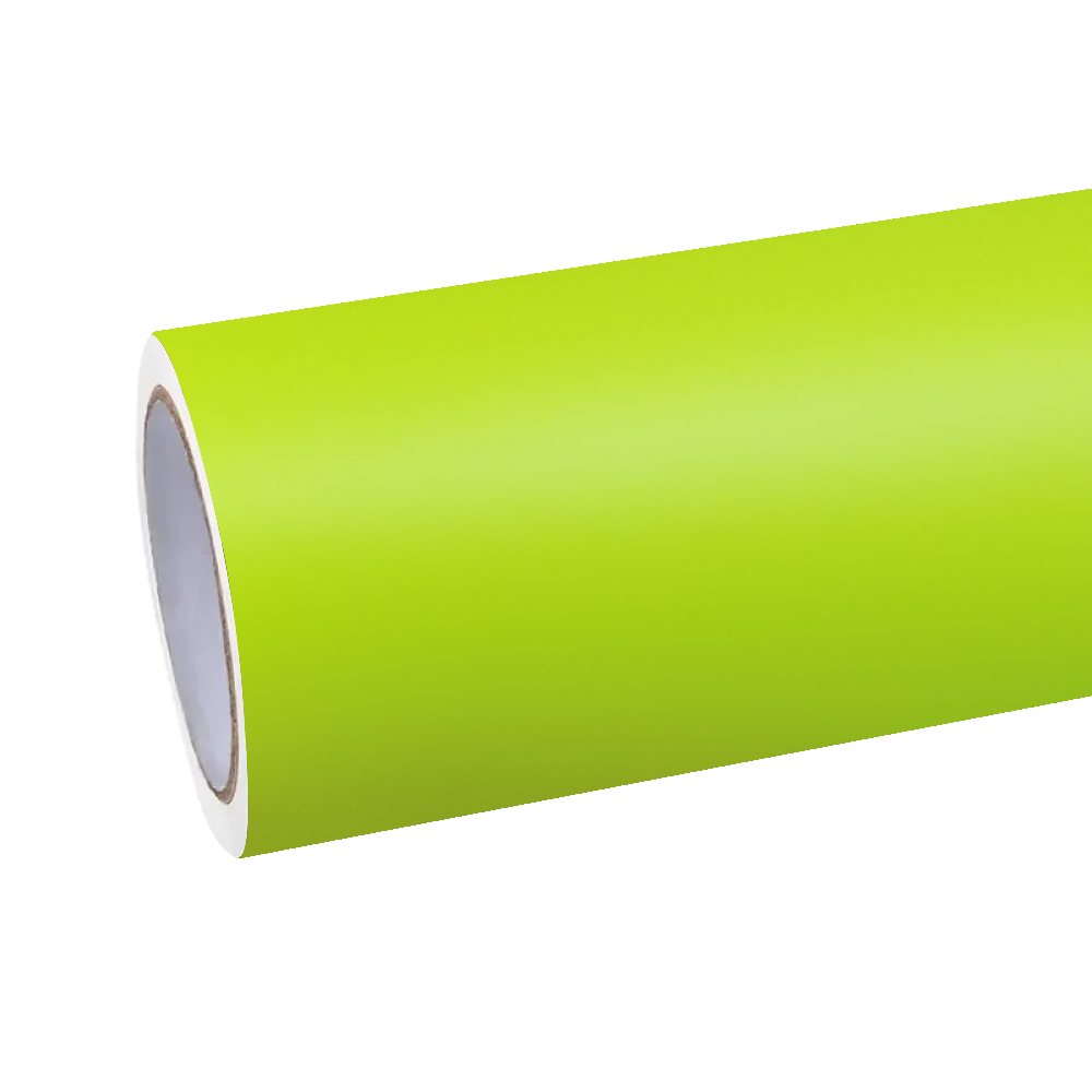 ALUKOCARWRAP Matte Ultimate Flat Fluorescent Yellow Car Vinyl Wrap PET installed on vehicle surface showing smooth neon texture