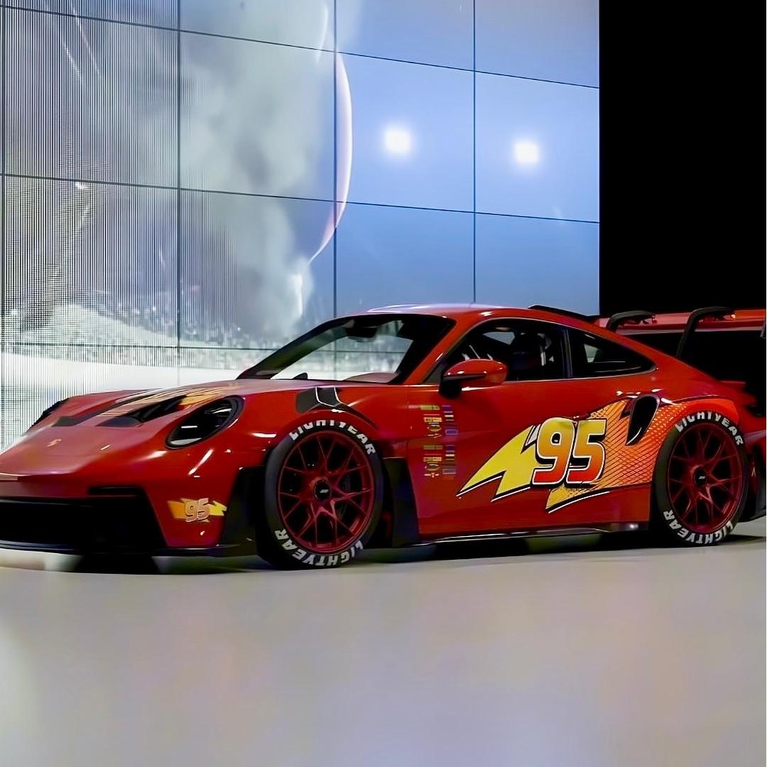 ALUKOCARWRAP Livery Lightning McQueen Custom Vinyl Wrap on a sports car, featuring hyper-vibrant Rust-eze 95 racing graphics.