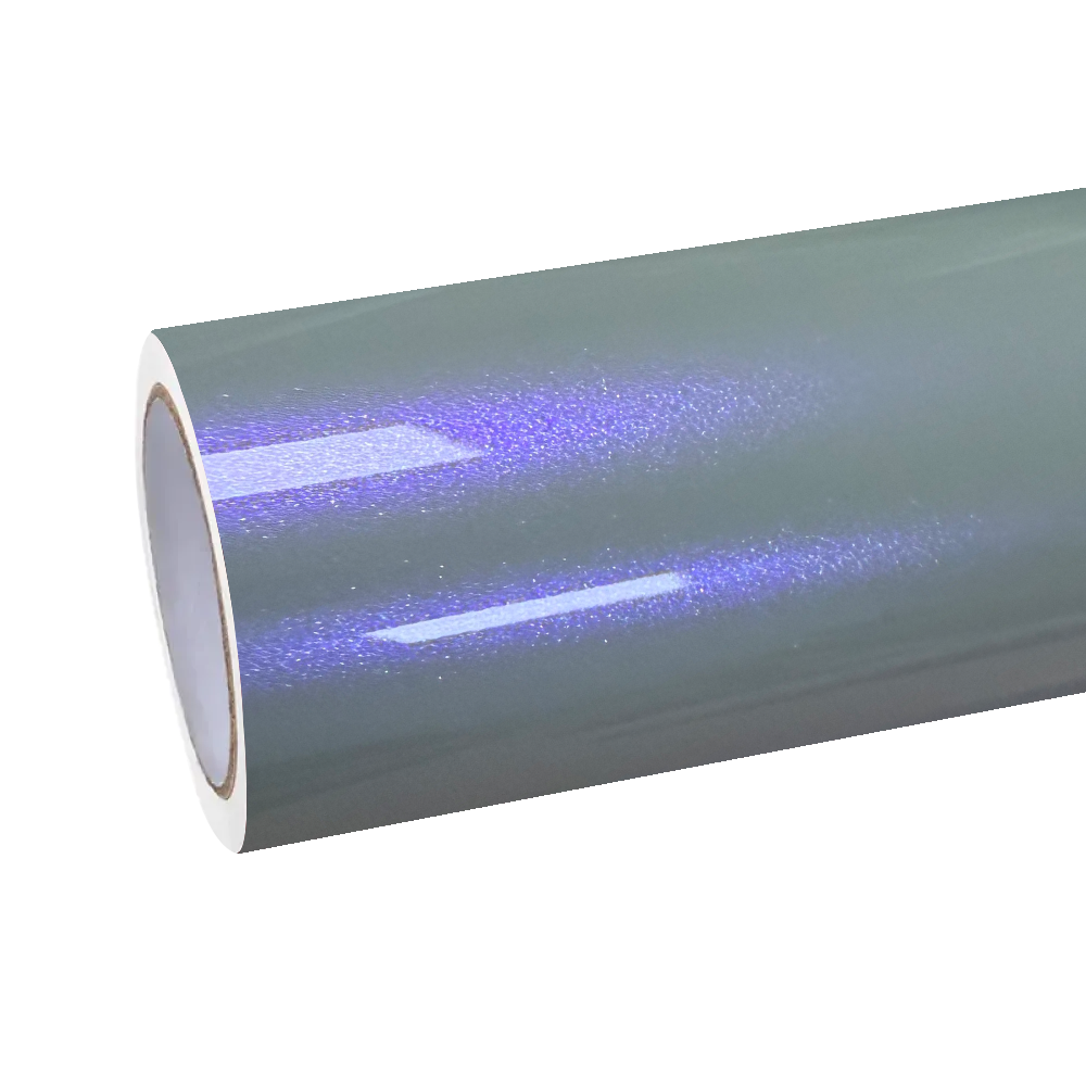 Premium ALUKOCARWRAP ultra gloss metallic chameleon car wrap roll shifting from sleek silver to deep purple.