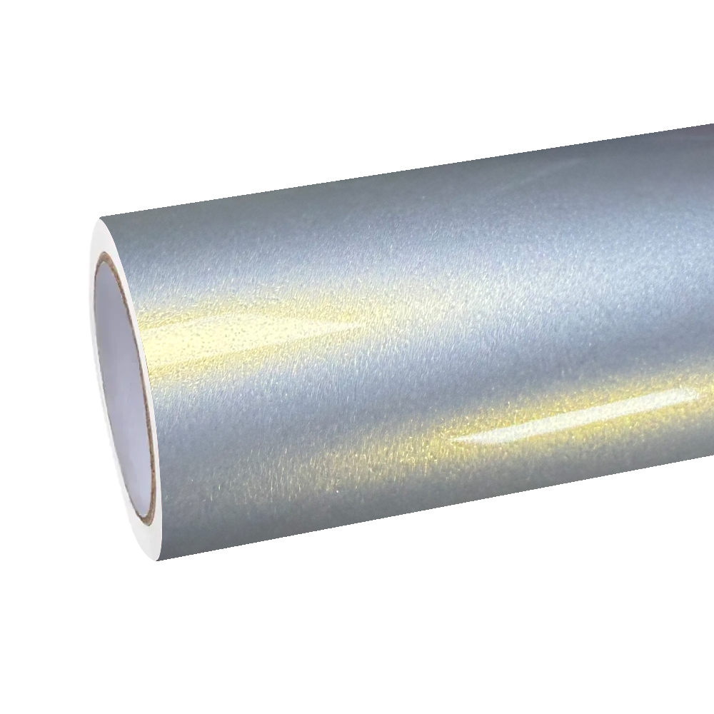 Premium ALUKOCARWRAP ultra gloss chameleon car wrap roll shifting from metallic silver to rich gold tones.