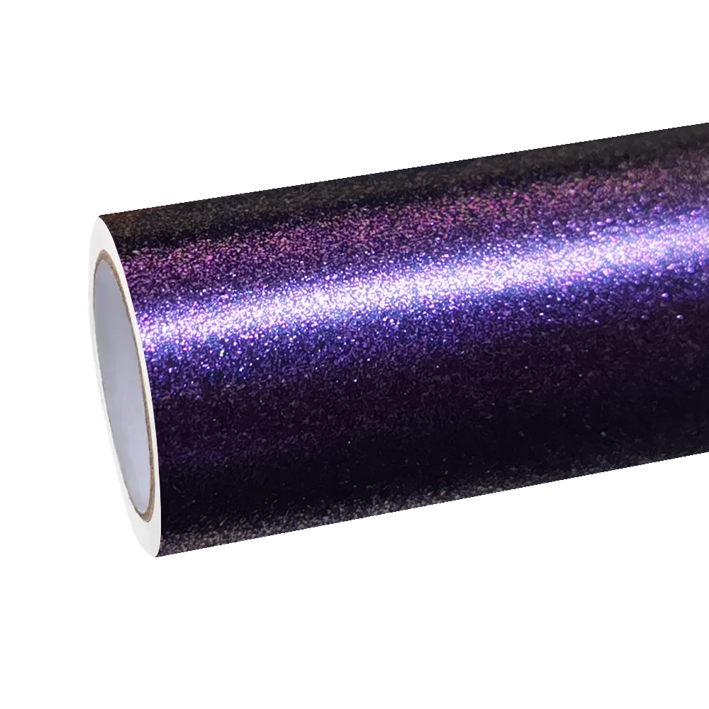 Ambient daylight triggering a smooth transition from solar flare amber to deep velvet violet on ALUKOCARWRAP yellow purple car wrap film with a frosted texture.
