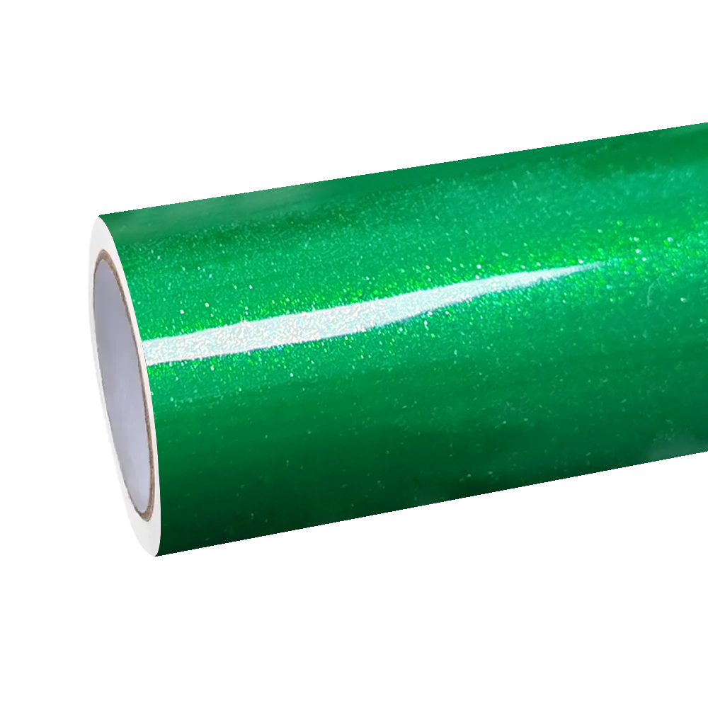 Direct sunlight macro shot of ALUKOCARWRAP Gloss Metallic Diamond Lizard Green Car Vinyl Wrap exposing intense micro-flake dispersion