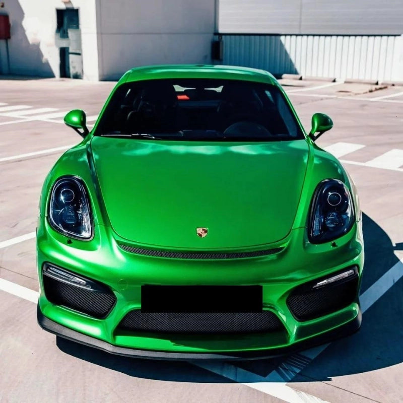 Aluko Gloss Metallic Flame Green car vinyl wrap PET installed on a sports car, showcasing a zero orange peel mirror finish.