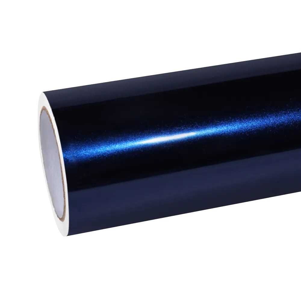Premium roll of Glossy Metallic Glitter Black Blue Vinyl Wrap, displaying the smooth high-gloss paint-like layer.