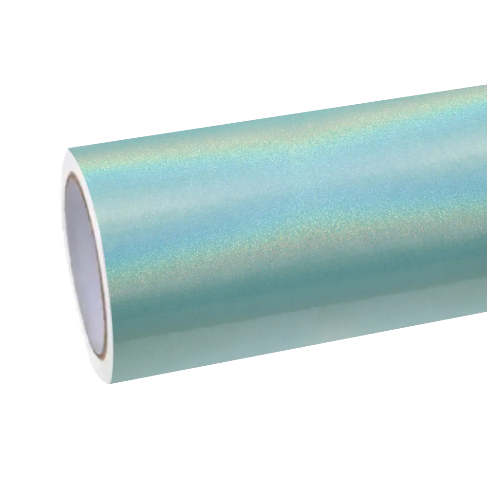 Studio studio keylights diffused across the anodized pastel shimmer of ALUKOCARWRAP metallic holographic car wrap film to emit a frosted laser-rainbow spectrum.