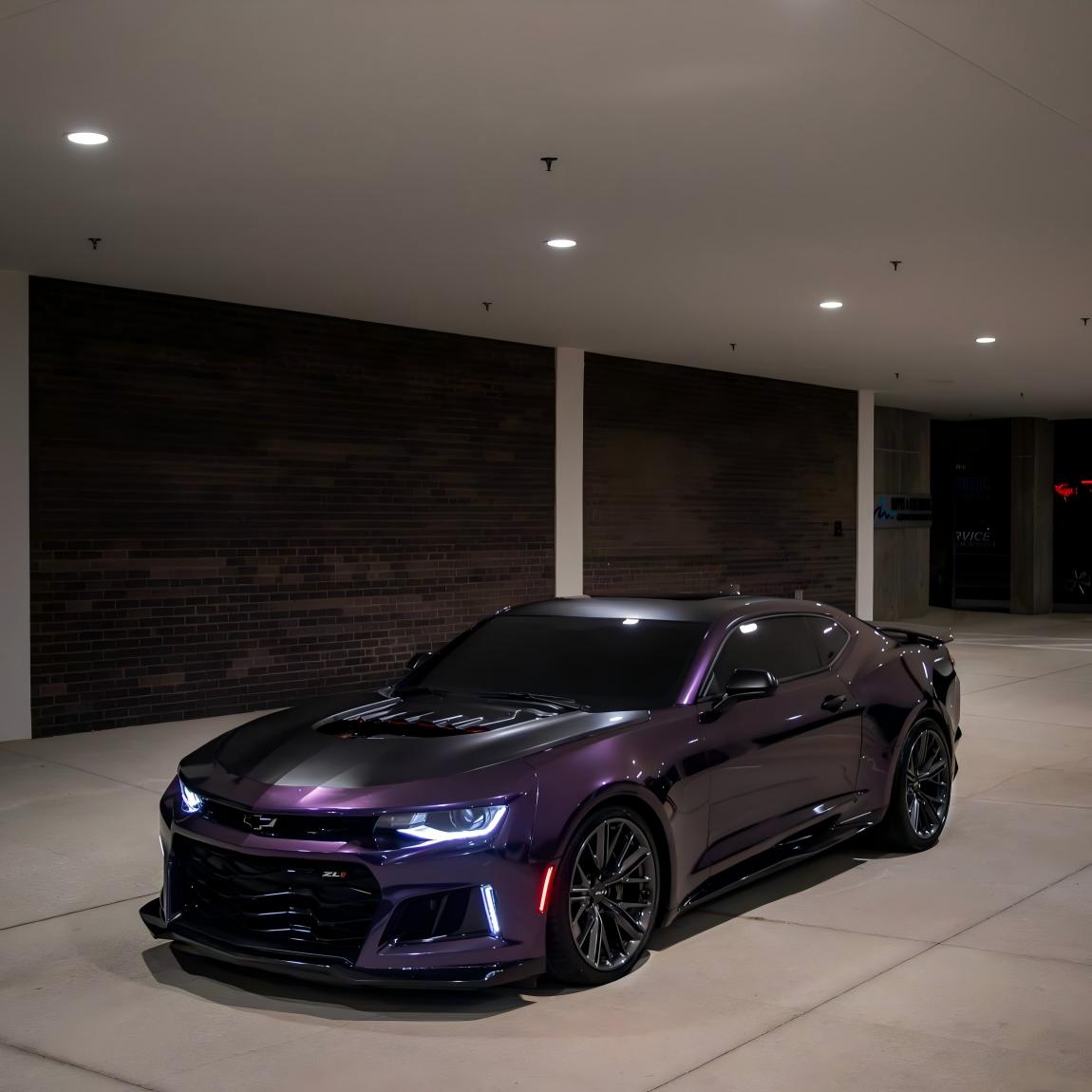 A high-angle shot of a car fender using ALUKOCARWRAP Metallic Purple Car Wrap under overcast city sky. Dark purple metallic pigments are visible on the metallic body contour.