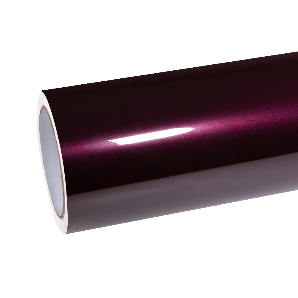 Showcase roll of Gloss Metallic Plum Purple Car Vinyl Wrap PET, highlighting the smooth orange-peel-free luxury core.