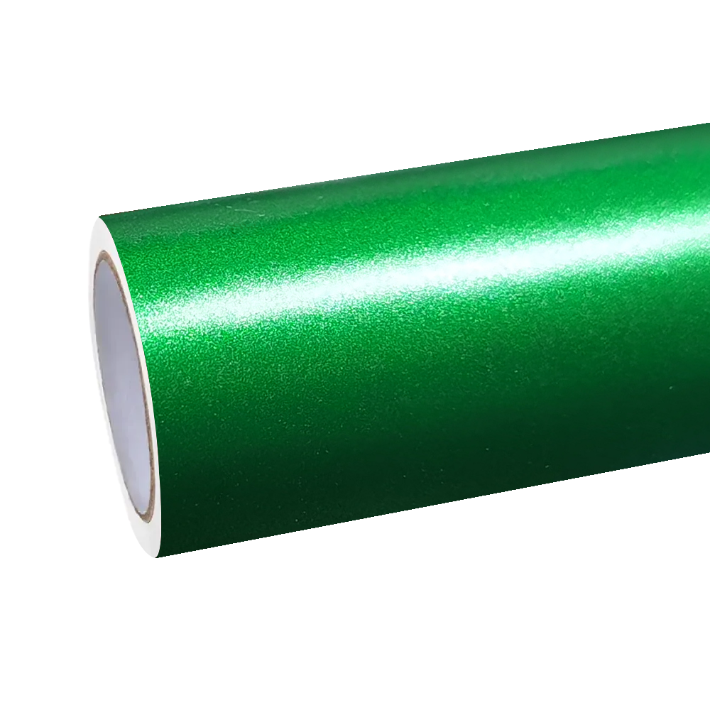Unboxing an authentic roll of ALUKOCARWRAP satin green car wrap highlighting the anti-static liner and frosted metallic flakes.