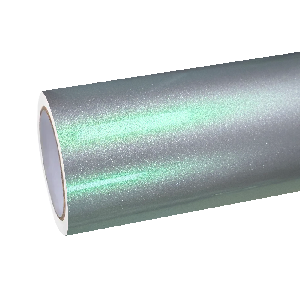 ALUKOCARWRAP metallic chameleon car wrap demonstrating a high-definition liquid silver foundation that shifts to sharp green under light.