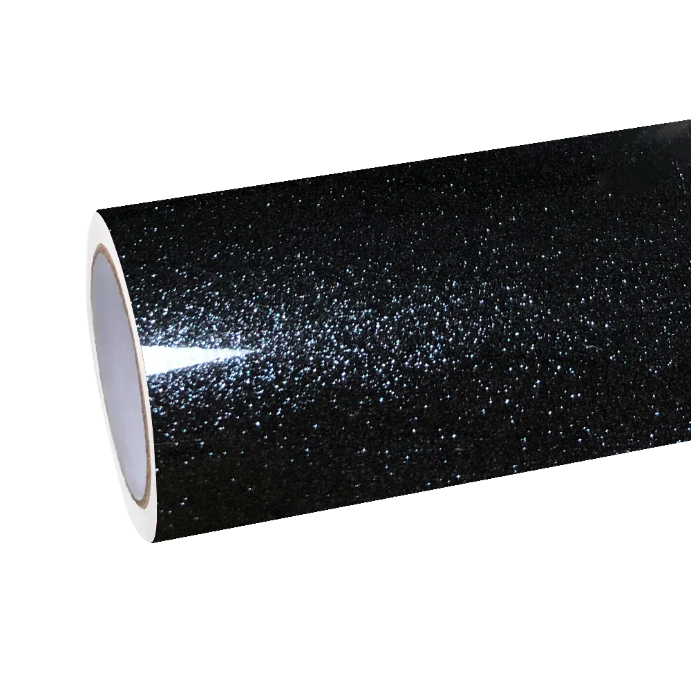 A premium roll of ALUKOCARWRAP Metallic Glitter Black Car Wrap, showcasing the ultra-glossy diamond glitter black car wrap texture.