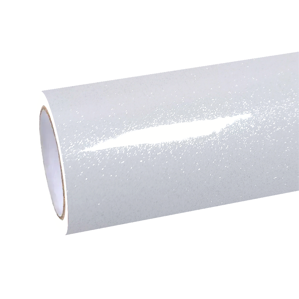 ALUKOCARWRAP gloss metallic sparkle glitter white car vinyl wrap on a luxury sports car under sunlight.