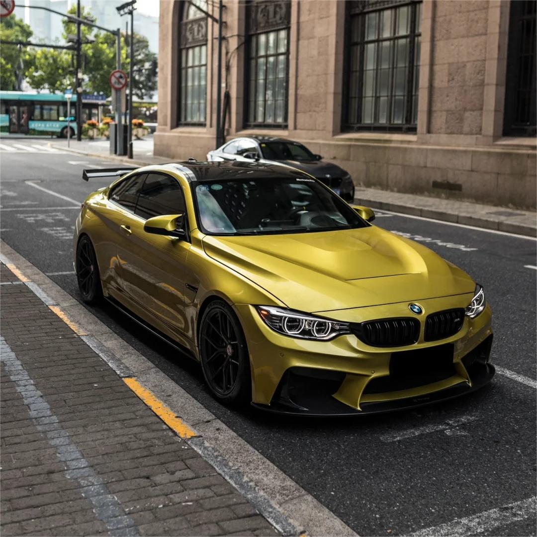 Full-body vehicle wrap presentation featuring ALUKOCARWRAP Lemon Yellow Car Wrap, converting the entire car exterior into a high-end gloss metallic look.