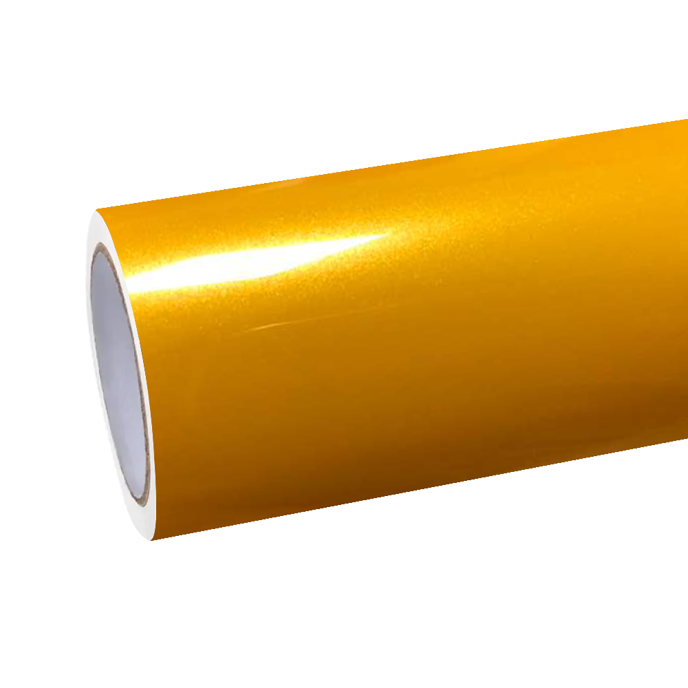 A complete roll of ALUKOCARWRAP metallic golden yellow car wrap, showcasing the zero-orange-peel high-gloss PET film surface.