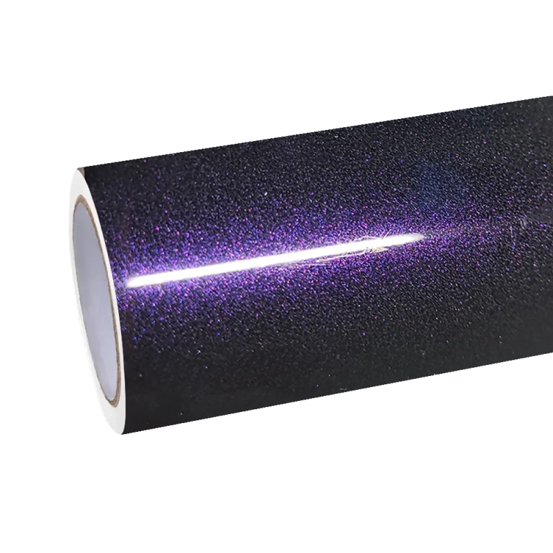Professional shop roll of premium gloss metallic ghost midnight purple car vinyl wrap PET film, ready for custom exotic car wrap project.