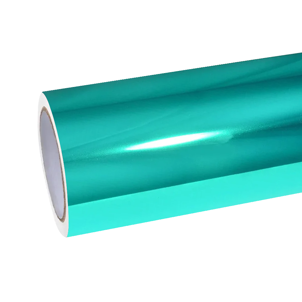 Close-up profile of an unrolled ALUKOCARWRAP gloss green car wrap roll with its clear protective film, highlighting the ultra-smooth PET liner quality.