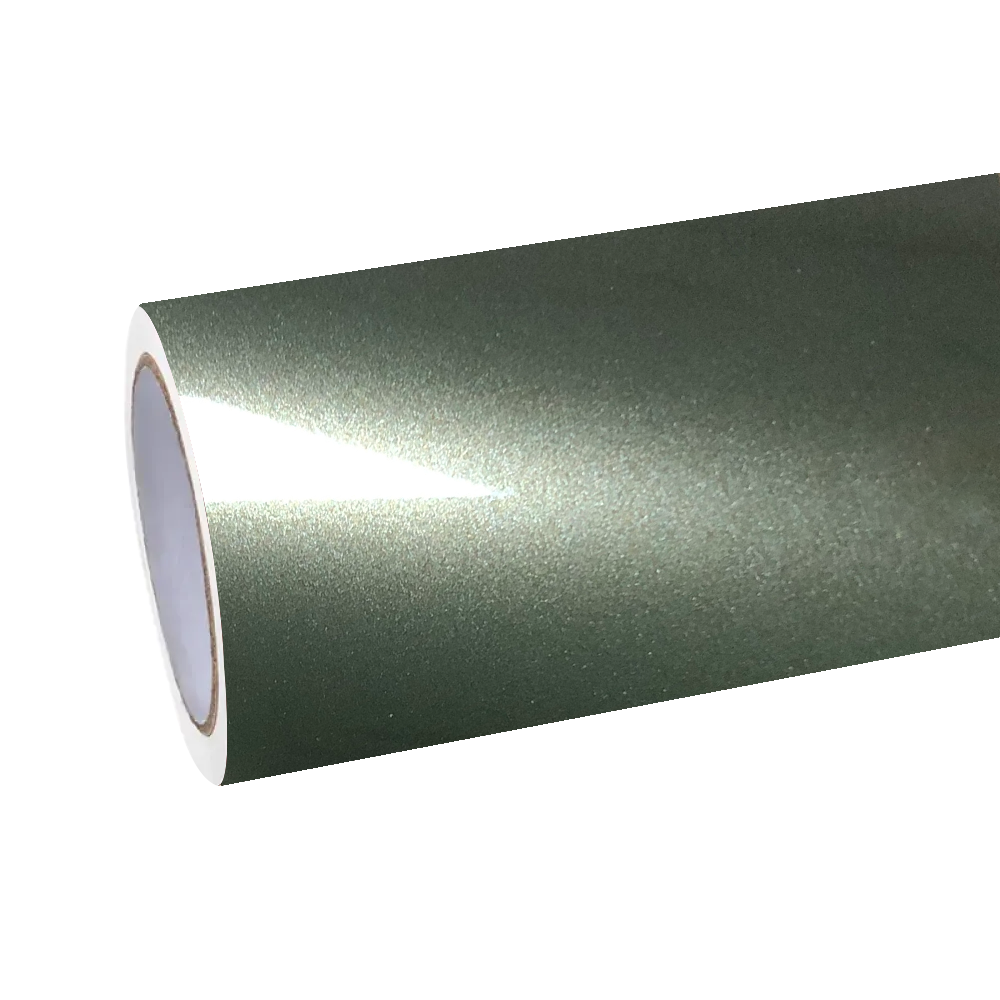 ALUKOCARWRAP Gloss Metallic MIUI Olive Green Car Vinyl Wrap PET roll, highlighting the high-density aluminum flakes under studio lighting.