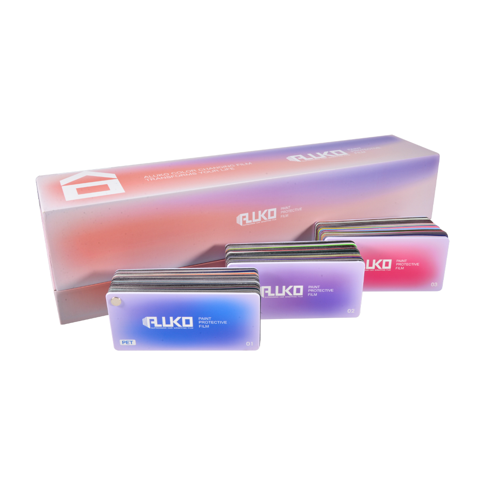 Premium Alukovinyl PET Swatch Sample Books featuring the newest vinyl wrap colors and finishes available at ALUKOCARWRAP Australia.
