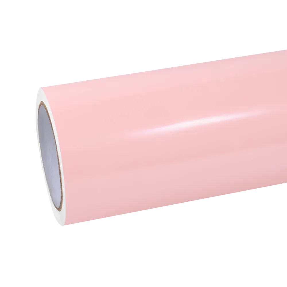 ALUKOCARWRAP gloss pearl baby pink car vinyl wrap with PET liner applied on vehicle showing high-gloss shimmering paint finish
