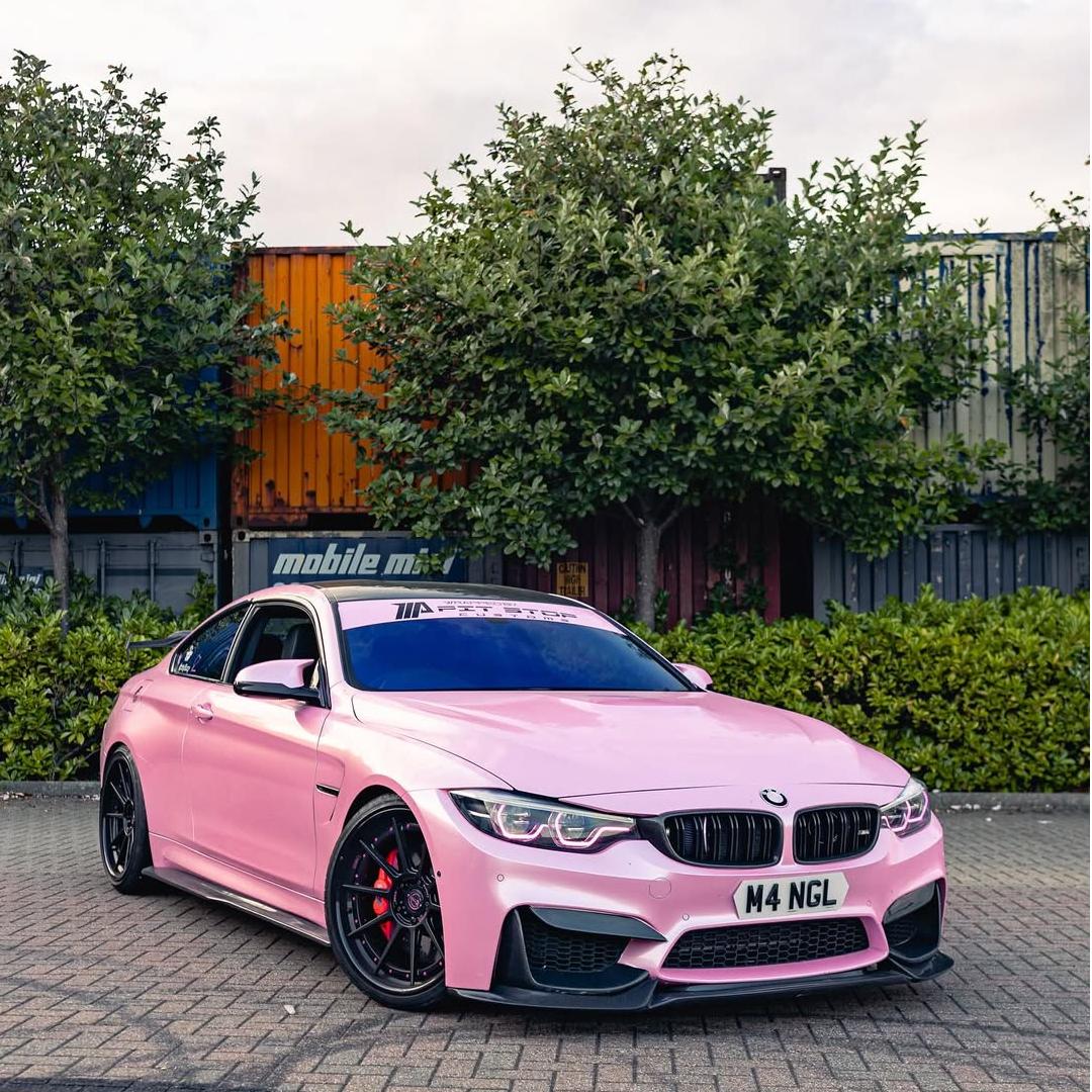Close-up of premium PET matte pearl pink car wrap by ALUKOCARWRAP showing zero orange peel texture.