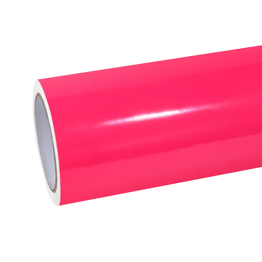 A heavy-duty roll of ALUKOCARWRAP Fluorescent Pink Car Wrap featuring a removable protective cap to prevent scratches during storage.